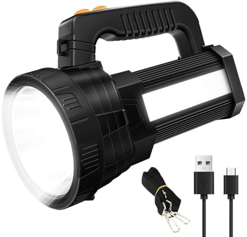 ERAY LED Rechargeable Torch, 9600mAh Powerful Camping Light with 6 Modes | Waterproof Bright Flashlight, Side Lantern with Shoulder Strap, High Power Long Lasting Large Spotlight for Emergency