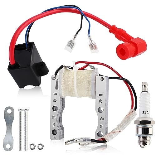 QAZAKY Performance 2-Wire Magneto Coil + CDI Ignition Coil + Spark Plug Compatible with 49cc - 50cc 60cc 66cc 80cc 2-stroke Engines Motorized Bicycle Motor Bike ATV Quad Scooter