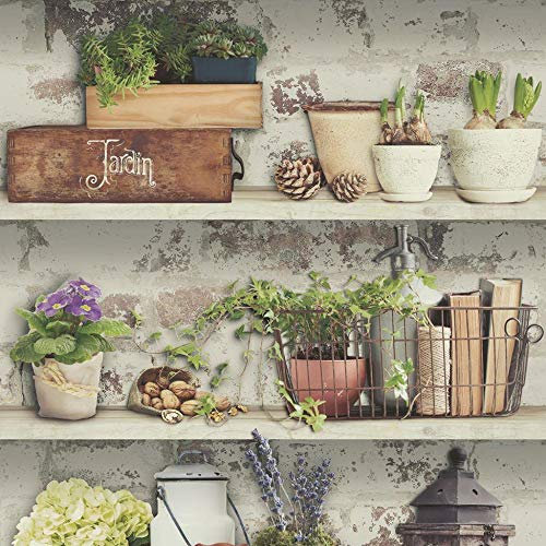 Shades Flower Pots Wallpaper Garden Rustic Shelves Distressed Green Grey White Full Roll