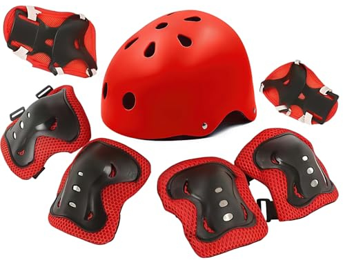 Kids Adjustable Sport Helmet and Knee Pads Set 7 in 1, Kids Adjustable Sport Helmet with Knee Pads Elbow Pads Wrist Guards for Scooter Skateboard Roller Skating Cycling RED