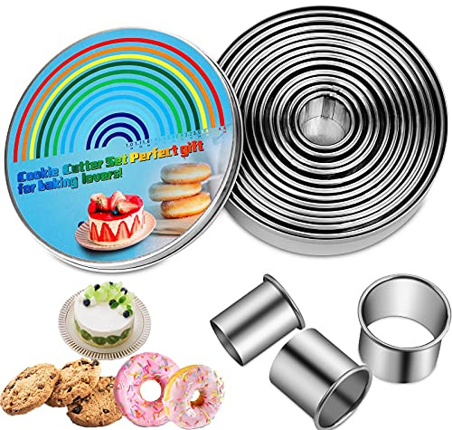 KSPOWWIN 12 Pieces Biscuit Cookie Cutter Set With Tin Box Biscuit Plain Edge Round Cutters Metal Ring Baking Molds, Stainless Steel Cookie Dough Biscuit Muffins Cutters in Graduated Sizes