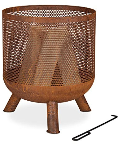 Relaxdays Braciere da Esterno, Grata Stile Ruggine, Camino da Giardino, Attizzatoio e Griglia, HxD: 53 x 44 cm, Marrone, Acciaio