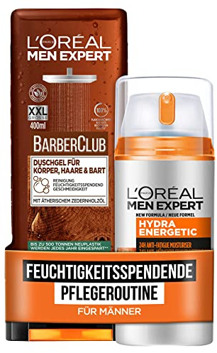 L'Oréal Men Expert Pflegeset mit Gesichtspflege und XXL Duschgel, Für Körper, Haare und Bart, Hydra Energetic, Barber Club, 2-teilig