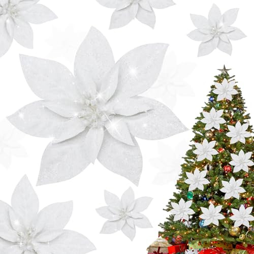Shining She 10pcs 15CM/5.9inch Christmas Glitter Artificial Poinsettia Flowers, Large Artificial Christmas Flowers for Xmas Party Decoration, Xmas Tree Ornaments Decor, White