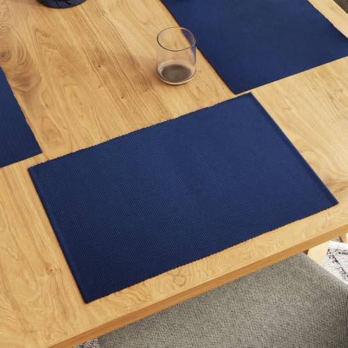 Encasa XO Lot de 6 Set de Table Lavable en Coton pour Salle à Manger et Cuisine | Sets de Table Coton Côtelé Fin | ProtectionTable Repas Quotidien | Couleur Bleu Marine Solide | Taille 48x32 cm
