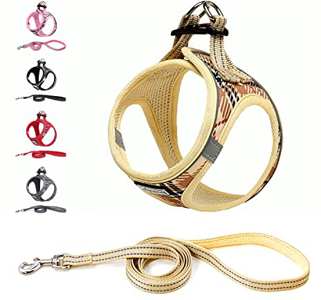 Suredoo Hundegeschirr Kleine Hunde mit Leine, Anti Zug Geschirr Reflektierend Atmungsaktiv Brustgeschirr, Welpengeschirr für Kleine Hunde (Beige, XXS, Brust: 22-24cm)