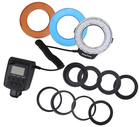 Macro Ringlight Flash pour Appareil Photo DLSR, 48 LED Bead Ring Flash Light Portable Camera Ring Flash Fill Light avec Filtres de Couleur, avec Anneaux Adaptateurs D'affichage