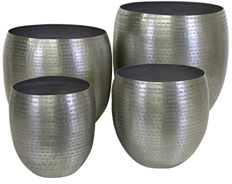 Orientalischer Blumentopf CASTELLON 4er Set Silber Übertopf Metall Blumen-Kübel Pflanzkübel rund Aluminium mit Hammerschlag verziert, marokkanischer Stil ABK800