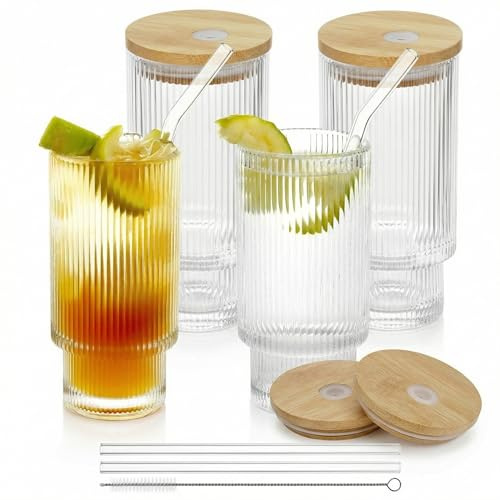 QWORK® 4Pcs Drinking Glasses with Straws, Ribbed Glassware, Ideal for Coffee, Juice, Beer, Tea, Water, 350ml