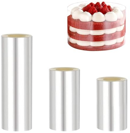 BATINO 3 Rolle Tortenrandfolie, 8/10/15cm Hoch x 10m Tortenfolie Acetat Folie Torte Acetat Kuchenstreifen Wiederverwendbar, Plastikfolie Tortenfolien Tortendeko Schokolade Mousse Kuchen Dessertringe