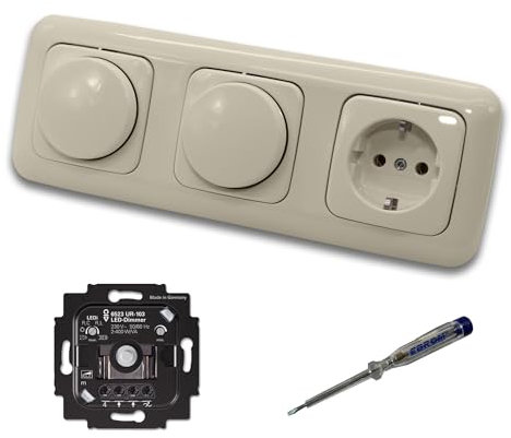Busch Jäger 6523UR-103 (2 x) LED Drehdimmer Dimmer + Dimmerscheibe 2115-212 und Steckdose 20EUC-212 in DURO2000 cremeweiß glänzend inklusive EBROM Phasenprüfer zur Montage der Geräte 6523 UR-103