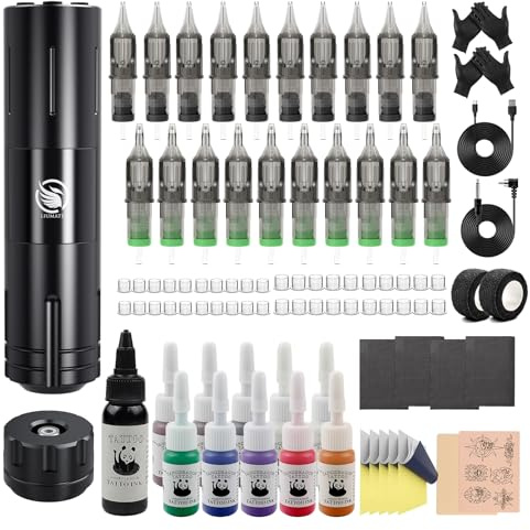 LIUMATE Wireless Maschine Set mit 1800mAh Battery Drehbare Rotation Stift Maschine 20 Stück Nadel 11 Tinte RCA Connector für Anfänger und Künstler
