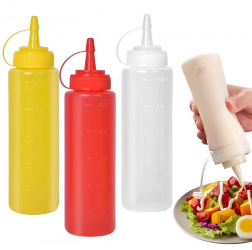 Cozlly Bottiglia per Squeeze con Tappi, 3pcs Bottiglie di Plastica Squeeze, 250ml Cucina Flacone Dosatore, per Ketchup, Senape, Mayo, Salse Piccanti, Olio d'Oliva (Rosso + Bianco + Giallo)