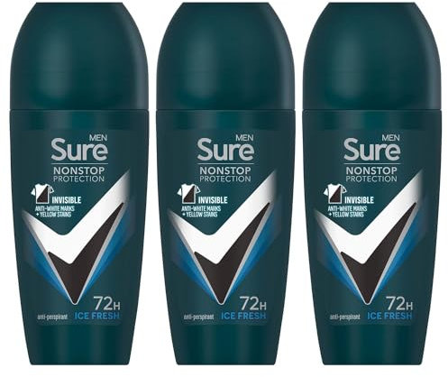 Sure Antiperspirant 72H Nonstop Sweat and Odour Protection Alcohol-Free Roll On with Citrusy, Spicy and Woody Scent Multi Fragrance Deodorant for Men, 50ml Pack of 3 (Ice Fresh)