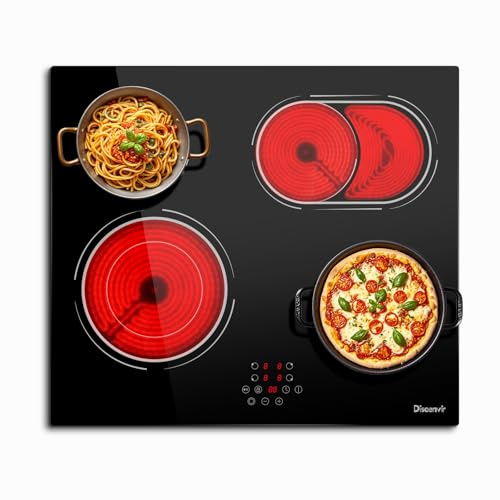 Disaenvir Ceramic Hob 4 Zone, Built-in Electric Hob 60cm with Dual Ring Zone, Oval Zone, 6600W Electric Ceramic Cooktop with Timer, Safety Lock, 9 Power Levels, Pause, Hard Wire (No Plug)