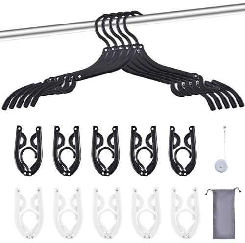Sazfli 10-Pack Foldable Travel Hangers with Gift Box – Thickened ABS & Aluminum Clips, Non-Slip Design for Delicate Clothes, Compact 5.5x3 Inch, Black/White