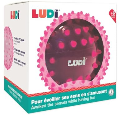 LUDI - Massageball Rosa – sensorisches Erwachen für Babys ab 6 Monaten – weiche Noppen – Stimulation, Geschicklichkeit und Koordination – 100% PVC – waschbar – Ø 20 cm – lindert die Zähne und fördert