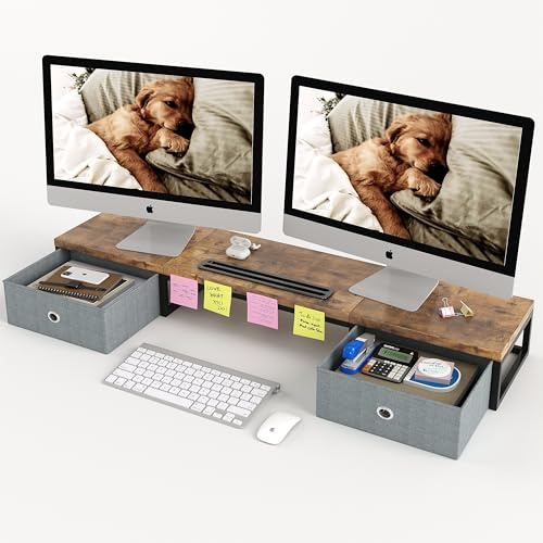 Dual Monitor Stand Riser mit 2 Schubladen - 100CM große Lagerung Computer Monitorständer für 2 Monitore, hölzerne Desktop Organizer perfekt für Home-Office-Schreibtisch, Computer, Laptop, TV, Braun