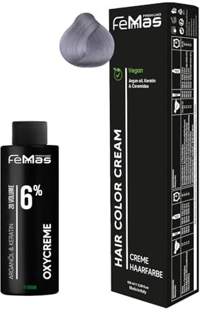 Femmas Silver I Hair Color Cream Kit de coloration permanente pour cheveux 100 ml + crème oxygénée 100 ml 6 % I Coloration permanente + développeur I Doux et durable I Teinture pour cheveux de salon