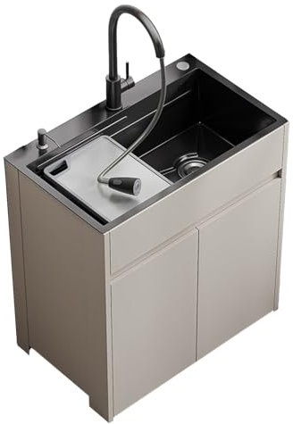 Lavandino da esterno con mobile Mobiletto Bagno con Mobile portaoggetti Lavello in Acciaio Inox Professionale 1 Vasca con Rotazione di 360 Gradi Rubinetto Caldo e Freddo Lavelli,per Ristorante,Garage