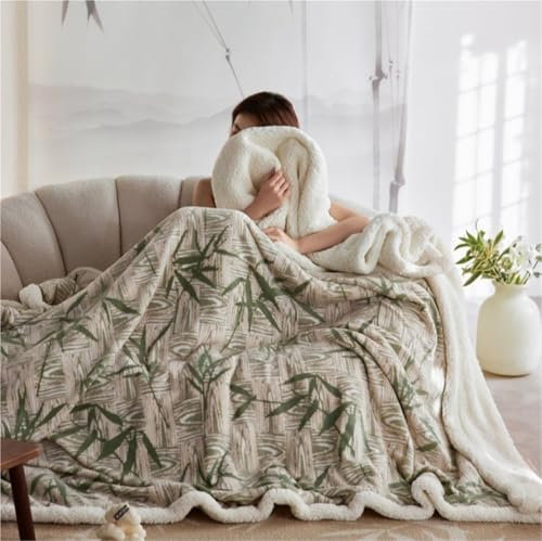 REIFOR Decke Wohndecke Kuscheldecken Dicke Warme Fleecedecke for Den Winter, Superweiche Überwurfdecke Mit Bambusblattmuster Decke Kuschelig Sofa(Grün,150x200cm)