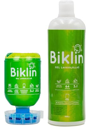BIKLIN Tvättmedel med doseringsbehållare för diskmaskin | 500 ml ekologisk tvål | Gel, polermedel och salt | påfyllningsbar (flaska 1L) (1500ml)