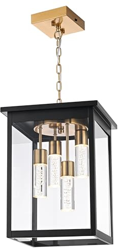 TODOLUZ LED 5CCT Large Outdoor Pendant Light Fixtures, Exterior Hanging Lantern LED Integrated Bulbs Included for Porch Patio Yard Garden, Outside Hanging Lamp in Black & Brushed Brass