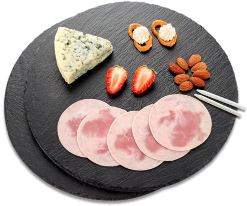 LiWiBet Schieferplatte rund 30x30 cm 2er set, runde Servierplatte Schiefer mit Kreidestift, Schieferplatten zum Servieren, Naturschiefer Wurstplatten Käseplatte Steinplatte Schwarz