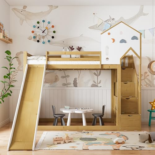 Lit superposé avec escalier d'angle, toit et fenêtre, avec 3 casiers dans l'escalier, lit superposé avec toboggan, pin + MDF, blanc + naturel, 90 x 200 cm