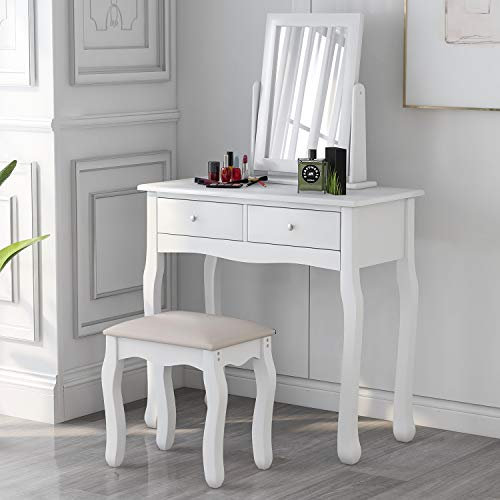 Schminkkommode aus Massivholz, mit Hocker und Spiegel, Weiß, eleganter Schlafzimmer-Schminktisch mit 2 Schubladen, Aufbewahrungsschrank