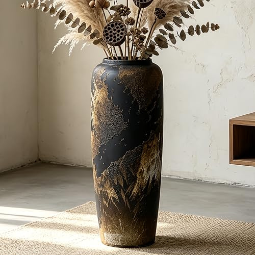 JIDOFUE Schwarz Boho Bodenvase aus Keramik,50cm, Rustikale Vintage Vase für Wohnzimmer Dekoration, Pampasgras oder Trockenblumen, Perfekt für Regale und Tische