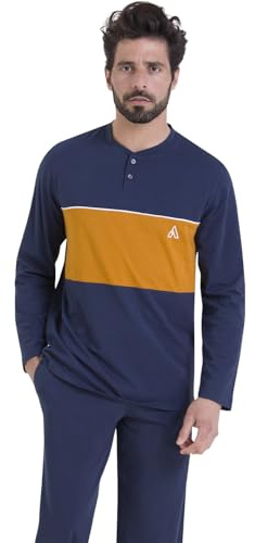 Athena - Set Pigiama Lungo da Uomo, Nightwear Chic - 100% Cotone Biologico - Maglietta a Maniche Lunghe con Colletto tunisino + Pantaloni - Etichette Oeko-Tex® Standard 100 e GOTS, Alto Marino+Miele