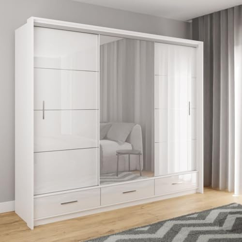 Gaba furniture Premium MARS 250 cm White Sliding Door Wardrobe with Mirror and LED lighting Widths 200/250 cm Furniture for Bedroom with 2 Hanging Rails and 3 Drawers Colours White/Black/Graphite