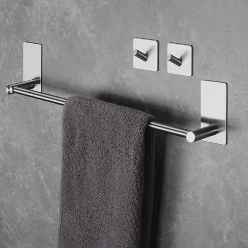 Porte Serviette Salle de Bain sans Perçage Barre Porte Serviette INOX Murale Porte Serviettes Auto-Adhésif avec 2 Crochets Support Serviette Murale Salle de Bain Cuisine (40cm, Argente)-1