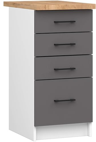AKORD Küchen-Unterschrank OLIWIA 40 cm | 4 Schubladen | Küchenschränke | Geräumig | Für eine kleine Küche | Für Küchenzeile | Als Teil eines Sets | B40 x H85 x T46 cm | 32,20 kg | Weiß & Graphitgrau