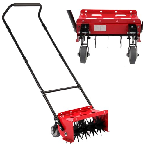 Lawn Aerator,16.5 inch Push Spike Aerator with Side skids, Height Adjustable Rear Wheel Pushed Aerator Lawn Tool, 2025 Upgraded Rolling Manual Tiller,Suitable for Lawn, Garden and Yard.