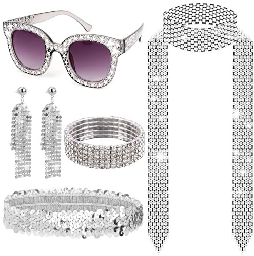GIEEU 70er Jahre Disco Zubehör,Disco Accessoires Kostüm,Glitzer Pailletten Stulpen, Disco Sonnenbrille Ohrringe Armband und Stirnband, 70er 80er Jahre Outfit Damen für Fasching Karneval