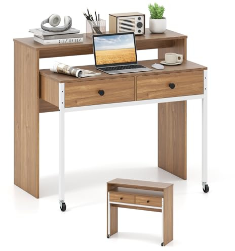 COSTWAY Utdragbart skrivbord, litet datorbord med 2 lådor och hjul, skrivbord med metallram, arbetsbord, PC-bord för hem, kontor, 100 x 63 x 88 cm (natur)