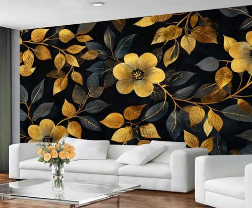 Papier peint floral et décoration murale – Papier peint floral rustique à décoller et à coller, papier peint pour chambre à coucher, grand papier peint vintage doré et décoration d'intérieur