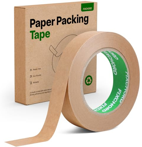 FIXCHORD Ruban D'emballage en Papier 24mm x 50m | Recyclable, Inscriptible et imperméable | Ruban Adhésif Papier Kraft pour emballer des colis et des boîtes, déménager | 1 Rouleau