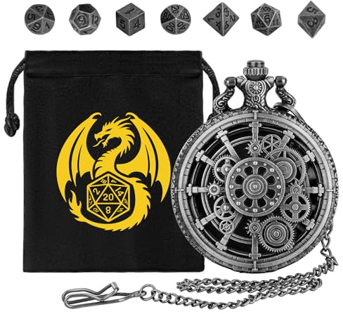 Mini DND Set di Dadi, Ruota Dentata Steampunk Custodia per Orologio da Tasca, 7 pezzi di Dadi Poliedrici D&D in Metallo, Regalo di DND con Sacchetto Regalo, Accessori da Gioco di Ruolo, Argento Scuro