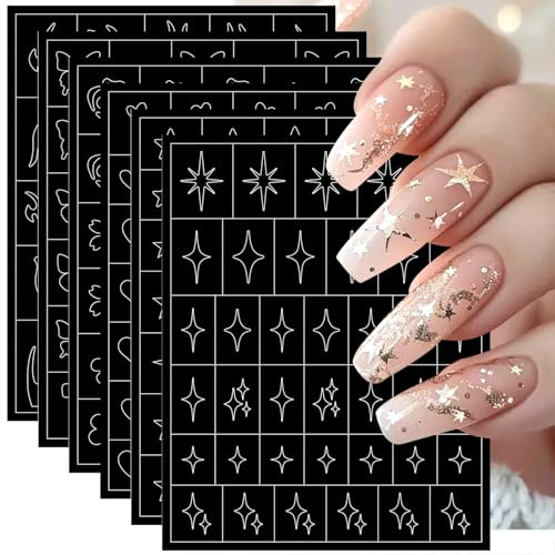 6 Sheets Airbrush Nail Stencils Stickers 3D Self-Adhesive Hollow Heart Nail Art Stickers Cute Star Butterfly Flower Flame Design Valentines Day Nail Decals for Women Manicure Decor DIY French Tools