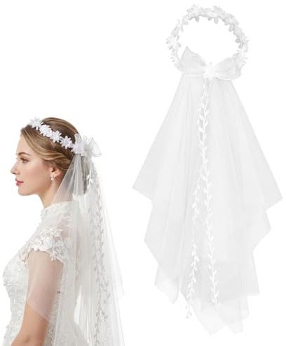 Brautschleier mit Blumenkranz, Schleier Braut Kopfschmuck, Weißer Hochzeit Haarschmuck mit Organza Schleife & Perlen, Braut Haarkranz für Hochzeit, JGA, Mottoparty, Karneval & Festival