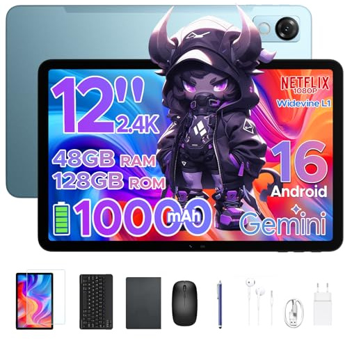 P12 Tablet Android 16, Tablet 12 pulgadas, 48GB RAM+128GB ROM/2 TB TF, IPS 2,4K, Pantalla 120 Hz, 10000mAh/18W, WiFi 5G, T7280 Octa-core, 8MP+13MP, Gemini AI, Tableta con Teclado, Face ID, GPS, Azul
