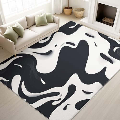 Tappeto moderno a onde, motivo astratto in pelle di mucca, linee curve, lavabile, a pelo corto, antiscivolo, per soggiorno, camera da letto, cucina, sala da pranzo, 80 x 120 cm, nero e bianco