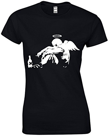 JLB Print Drunken Angel Silhouette Street Artist Inspired Premium Quality Fitted T-Shirt Top for Women and Teens Black