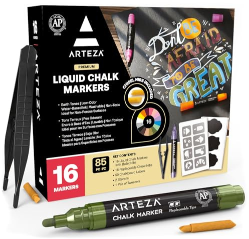 ARTEZA Pastel Liquid Chalk Markers, Set of 16, Tweezers, Labels, Stencils, Erasable, Water Based Pens for Chalkboards, Glass, Windows, and More