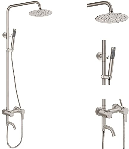 Aolemi Shower Faucet Outdoor SUS304 Silver Rainfall Stainless Steel 8 Inch Shower Head with Hand Spray 3 Function Combo Shower Set Brushed Nickel