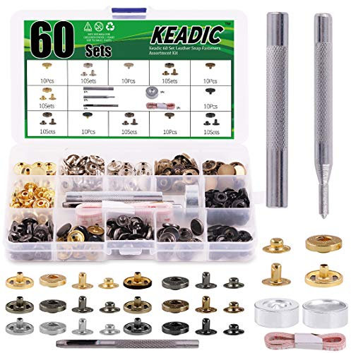 Keadic 60 Sets Druckknopf Set, Kupfer Druckknöpfe Metall Bronze Kleidung Snaps Taste mit Fixierwerkzeug Kit für Leder Handwerk Jacke Brieftasche Handtasche (6 Farben, 12 mm)