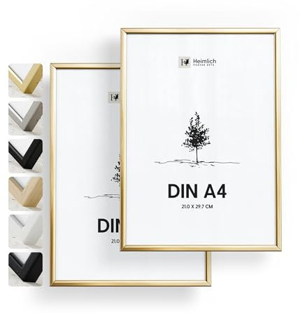Heimlich® - Bilderrahmen - A4 21x30 cm, Aluminium, Gold, 2er-Pack - Rahmen für Dokumente, Urkunden, Diplome mit Kunststoffabdeckung - Wandmontage oder Tischaufsteller